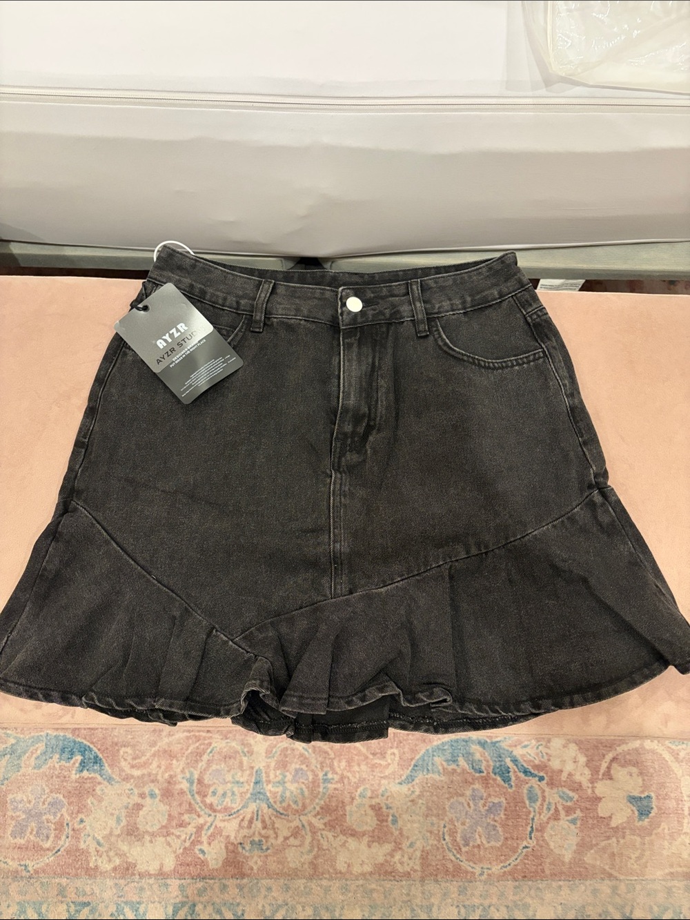 Black Denim Ruffle Hem Skirt